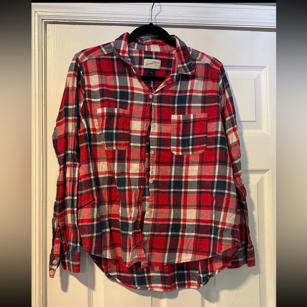 Universal Threads Distressed Red, White and Blue Plaid Button-Down